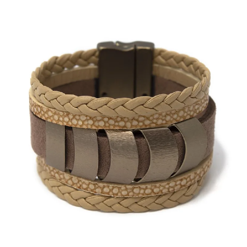 women oval bangles -Five Row Wide Leather Bracelet Bronze Accent