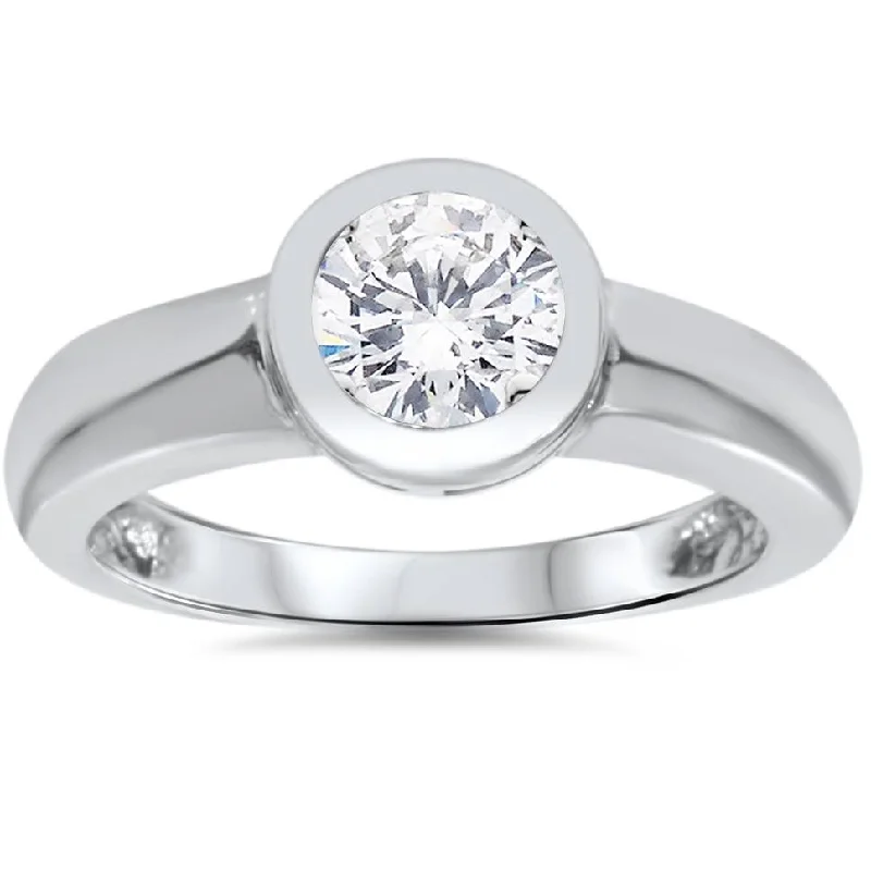 platinum solitaire engagement rings -1ct Bezel Set Solitaire Diamond Engagement Ring 14K White Gold Round Enhanced