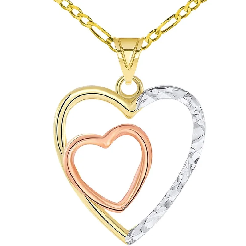 women gemstone necklaces -14k Yellow and Rose Gold Textured Tri-Tone Double Open Heart Pendant with Figaro Chain Necklace