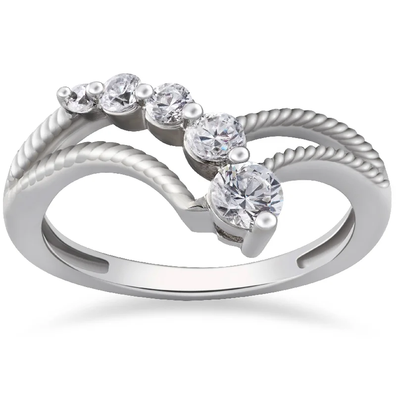 stackable wedding and engagement rings -1/2 ct Graduated Diamond Journey Right Hand Ring 10K White Gold Size Selectable