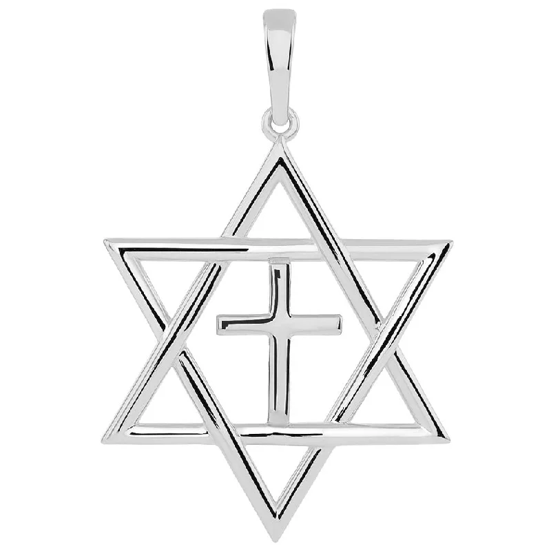 women fashion chain necklaces -14k White Gold Jewish Star of David with Religious Cross Judeo Christian Pendant (Medium)