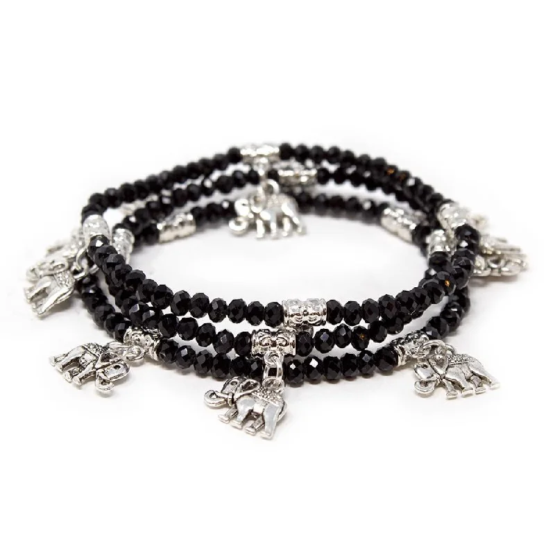 women classic bangles -Set of Three Glass Bead Bracelets with Elephant Charms Black