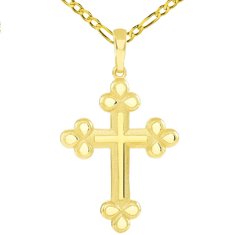 women drop necklaces -14k Gold Polished and Matte Finish Christian Eastern Orthodox Cross Pendant with Figaro Necklace - Yellow Gold