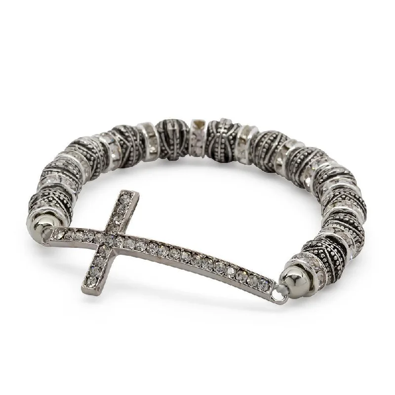 women adjustable bangles -Stretch Bracelet Cross Silver Tone