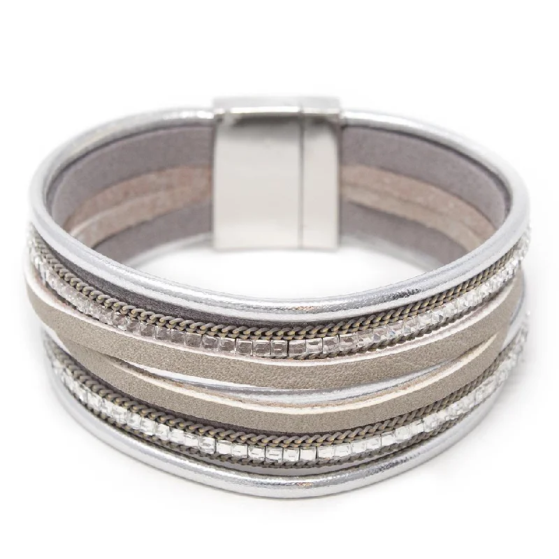 women stackable bracelets -Eight Row Leather Bracelet with Crystal Silver Tone