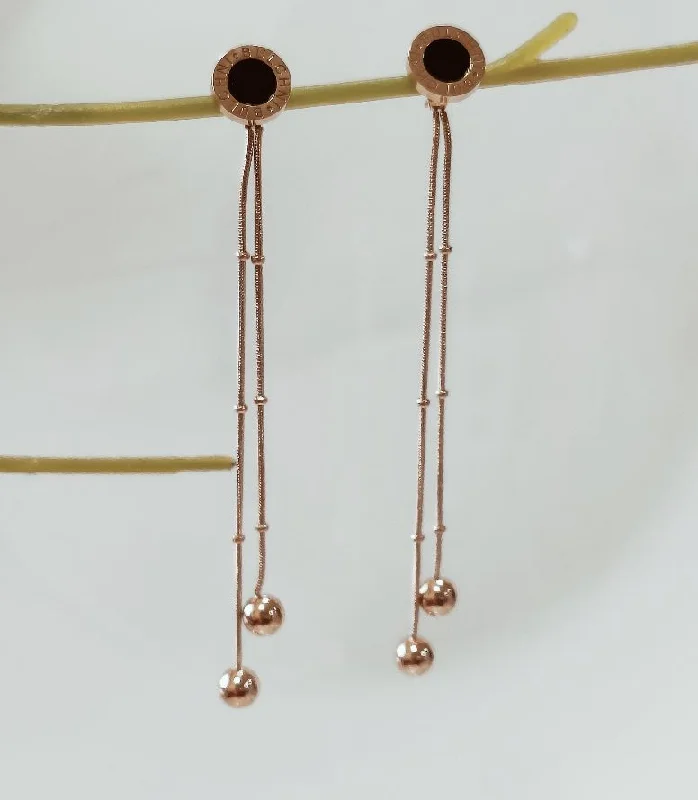 women sparkling drop earrings -Tarohi JewelsStainless Steel Rosegold Plated Double Long Chain Earring-STNER 2555