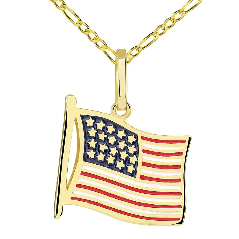 women vintage-style necklaces -14k Gold National Flag of the United States of America Pendant with Figaro Necklace - Yellow Gold