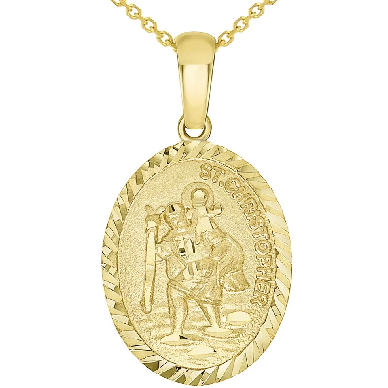 women star-shaped necklaces -14k Yellow Gold Textured Oval Medal of Saint Christopher Pendant Necklace Available with Rolo, Curb, or Figaro Chain