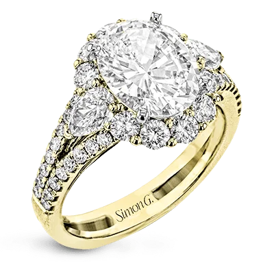 unique engagement ring designs -Oval-Cut Three-stone Halo Engagement Ring In 18k Gold With Diamonds