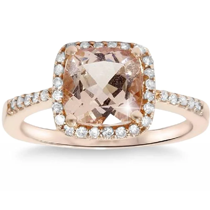 diamond halo engagement rings -2 5/8ct Cushion Morganite Vintage Halo Engagement Ring 14K Rose Gold