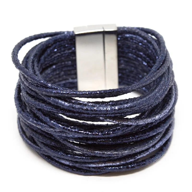 women wedding bangles -Bracelet Multi Strand Leather Cord Metallic Navy