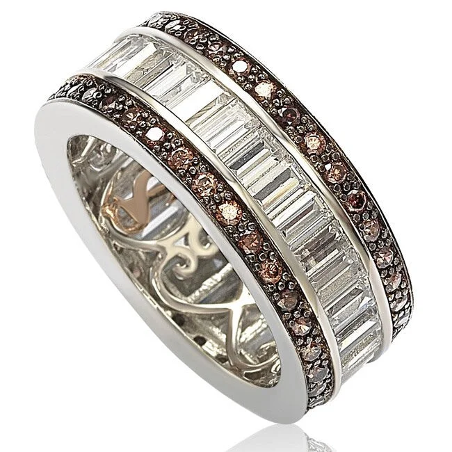 classic solitaire engagement rings -Suzy Levian Sterling Silver Cubic Zirconia Brown and White Baguette Eternity Band