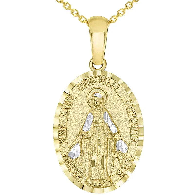 women chic gold necklaces -14k Yellow Gold Traditional Virgin Mary Miraculous Catholic Medal Pendant Necklace Available with Rolo, Curb, or Figaro Chain