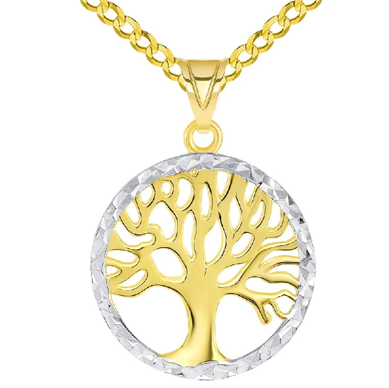 women fashion chain necklaces -14k Gold Textured Round Two Tone Tree of Life Medal Pendant with Curb Chain Necklace - Yellow Gold