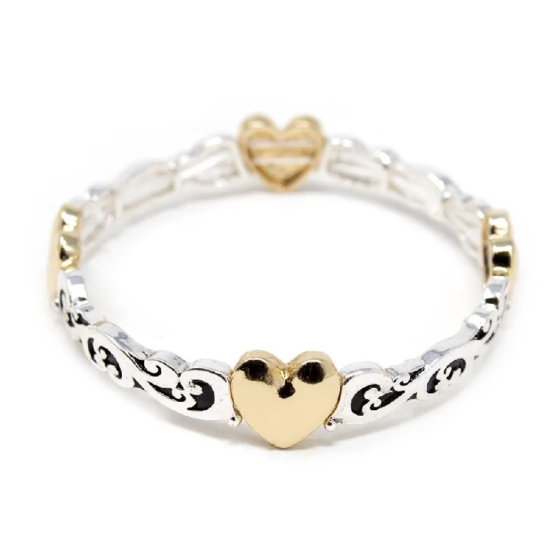 women engraved bangle sets -Two Tone Hearts Stretch Bracelet