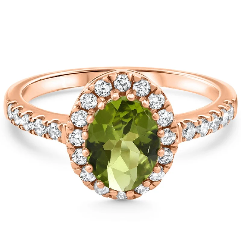 princess cut solitaire engagement rings -1 1/2Ct Oval Peridot Halo Diamond Ring 14k Gold Lab Grown