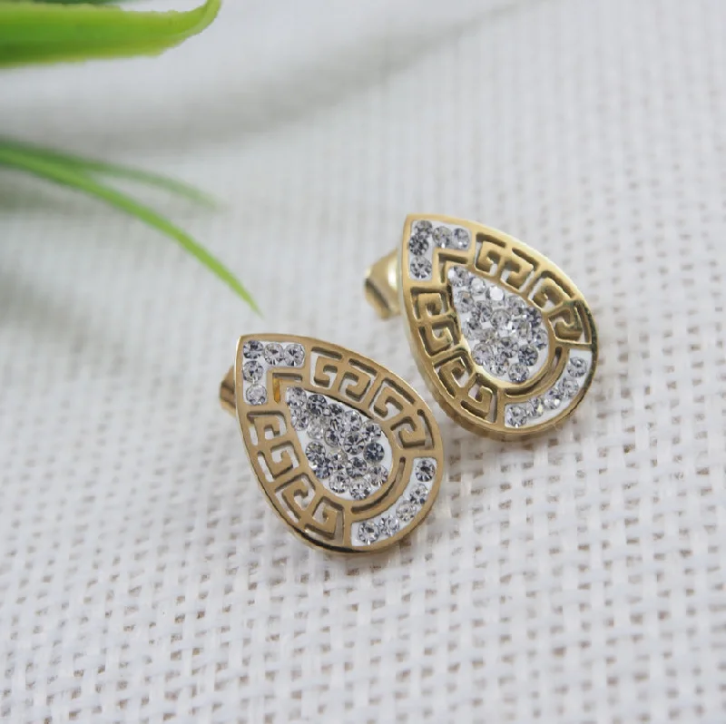 women flower earrings -Tarohi Jewels Stainless Steel Gold Plated Tear Drop Shaped Stud Earring- STNER 3848