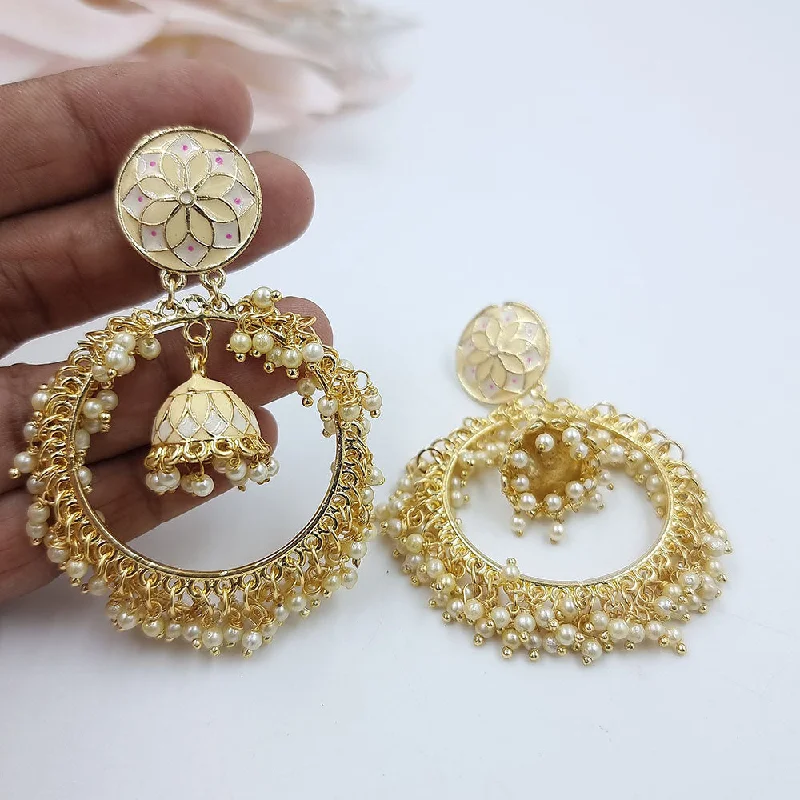 women stud earrings -Jcm Gold Plated Pearl And Meenakari Dangler Earrings