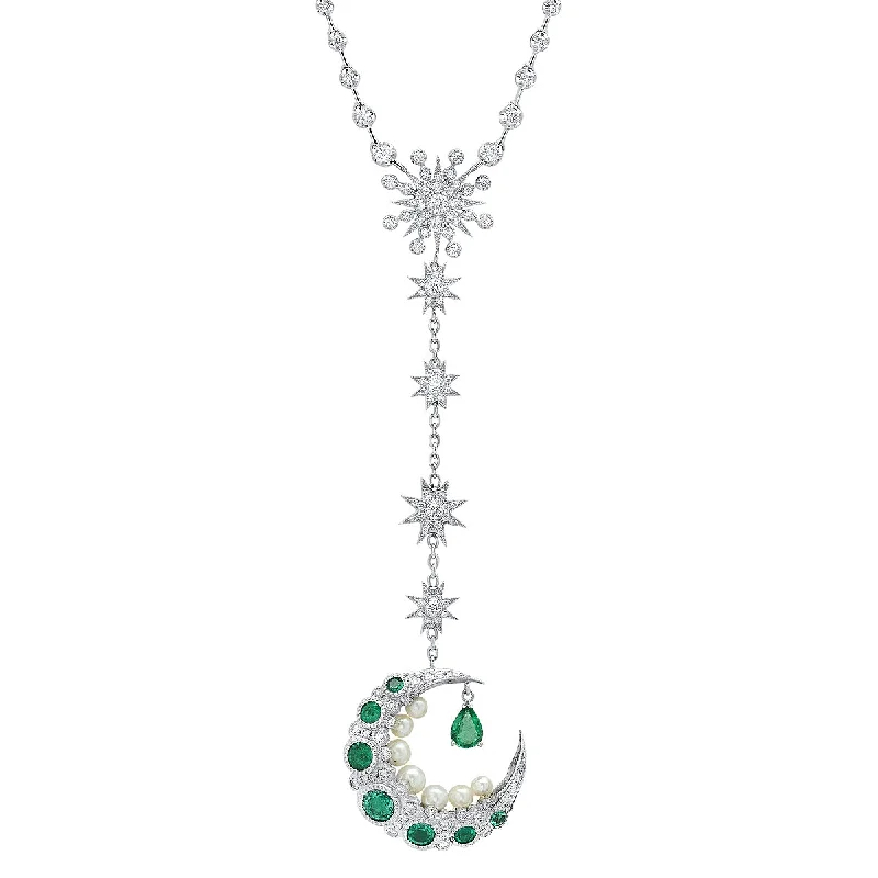 women long silver necklaces -Emerald Mooncage Necklace