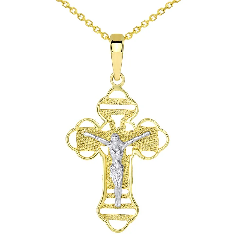 women cuff necklaces -14k Two Tone Gold Outlined Orthodox Cross Jesus Christ Crucifix Pendant Necklace