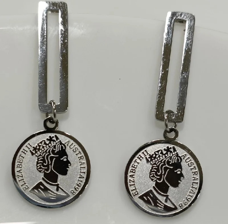 women silver drop earrings -Tarohi JewelsStainless Steel Gold/Rosegold/Silver Plated Hanging Queen Elizabeth Portrait Coin Drop Earring- STNER 2583