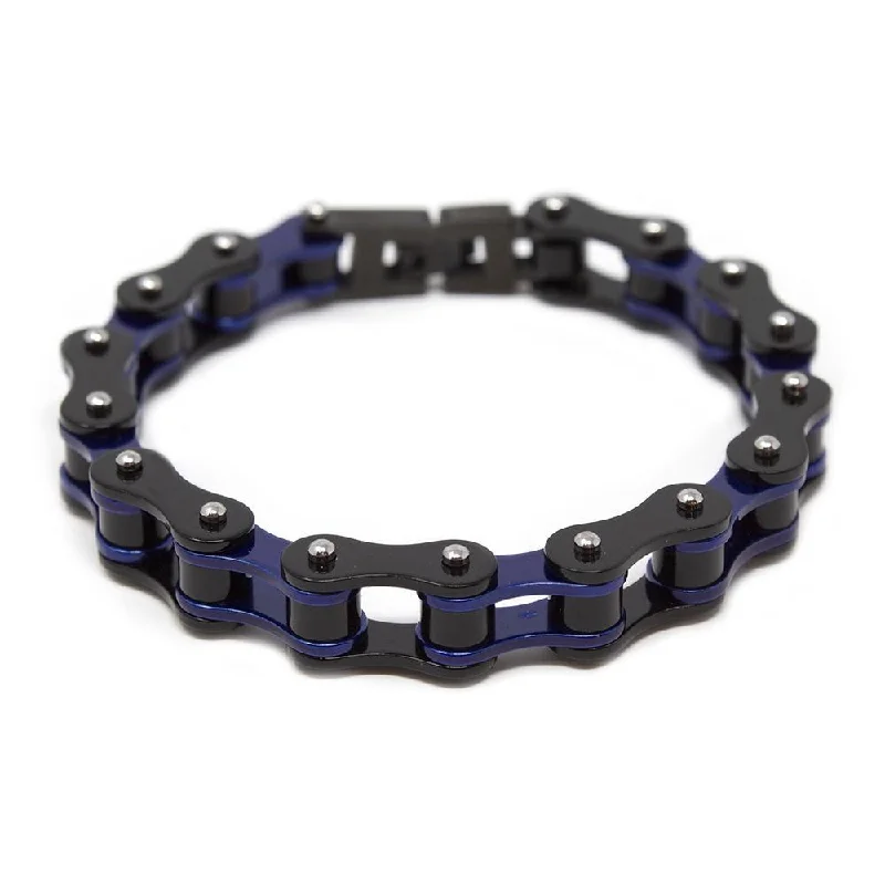 women gemstone bracelets -Stainless Steel Black and Blue Bike Chain Bracelet