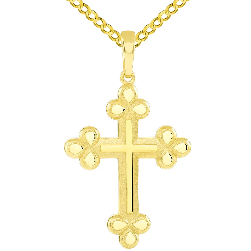 women luxury diamond necklaces -14k Gold Polished and Matte Finish Christian Eastern Orthodox Cross Pendant with Cuban Necklace - Yellow Gold