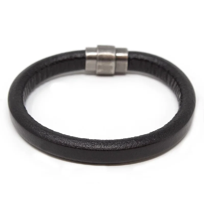 women birthstone bracelets -Plain Leather Bracelet with Antique Silver Clasp Black Medium