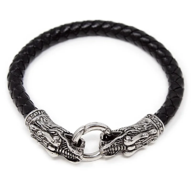 women friendship bracelets -Leather Men's Bracelet with Stainless Steel Dragons