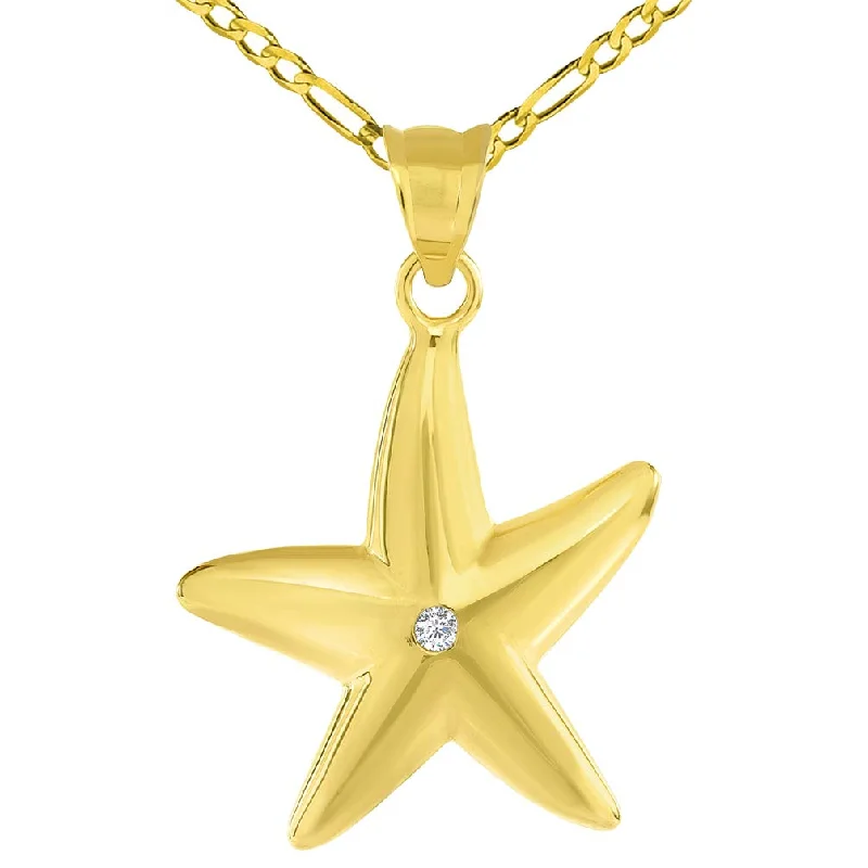 women crystal necklaces -14k Yellow Gold High Polish Cubic Zirconia Studded Starfish Pendant with Figaro Chain Necklace