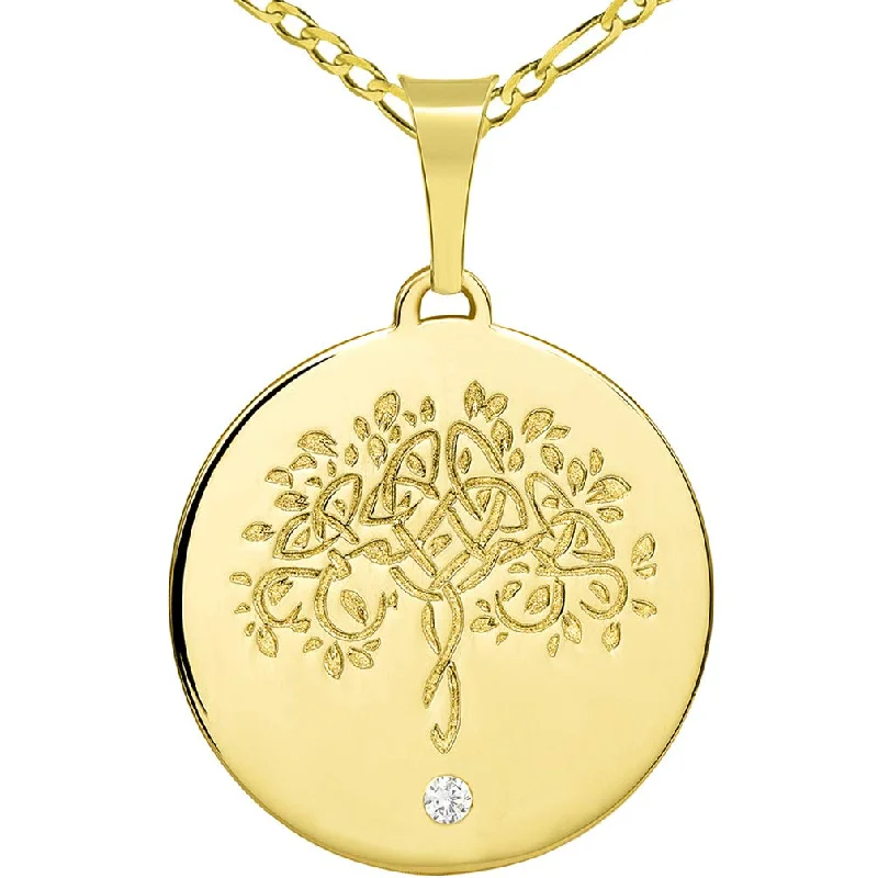 women star-shaped necklaces -14k Solid Gold Hand Engraved Tree of Life CZ Round Medallion Pendant with Figaro Chain Necklace - Yellow Gold