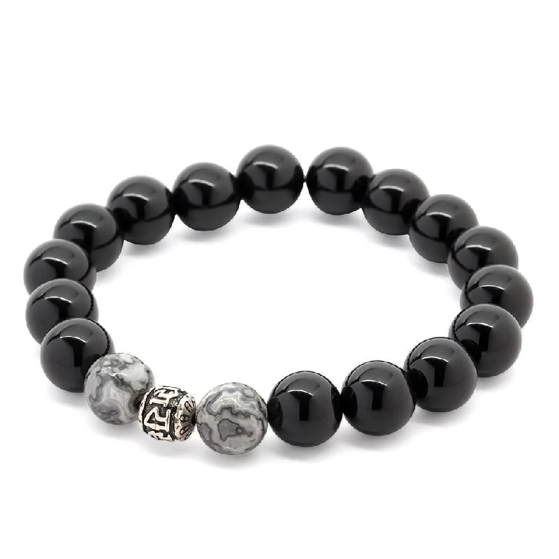 women silver bangles -Onyx/Grey Jasper Stretch Bracelet with 925 Sterling Silver Bead