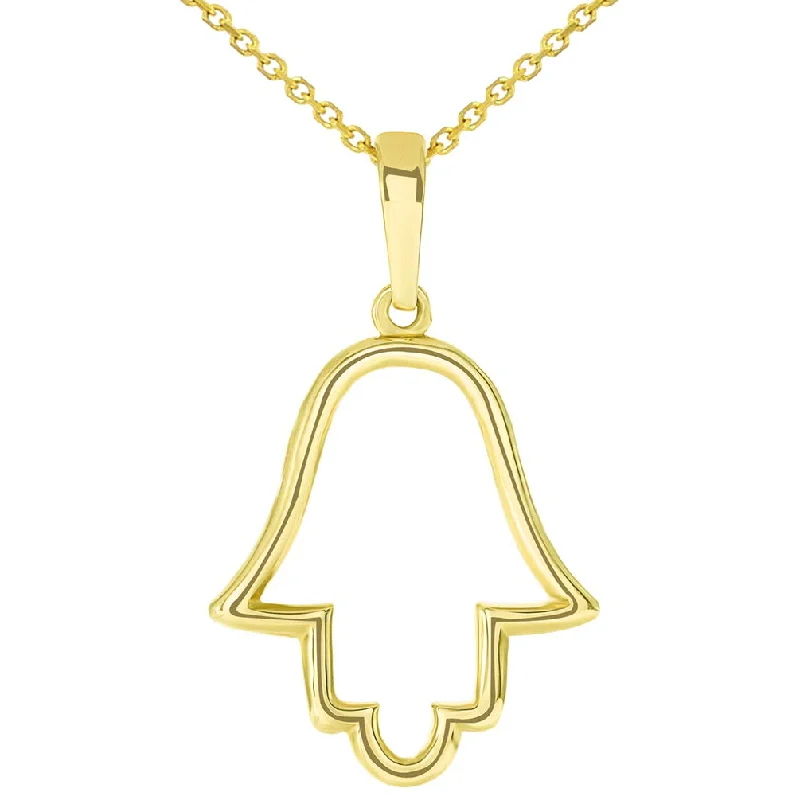 women engraved necklaces -Solid 14k Yellow Gold Outline Hamsa Hand Pendant Necklace - Available with Rolo, Curb, or Figaro Chain Necklaces