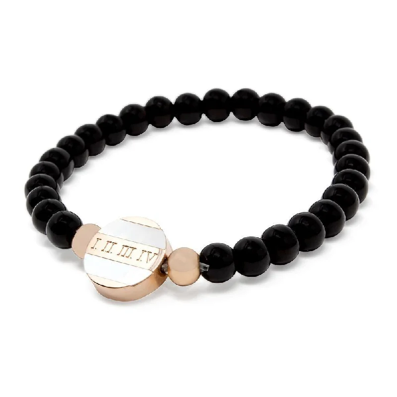 women men’s bracelets -Stainless Steel Black Beaded Bracelet Rom Disc MOP Rose Gold Plated