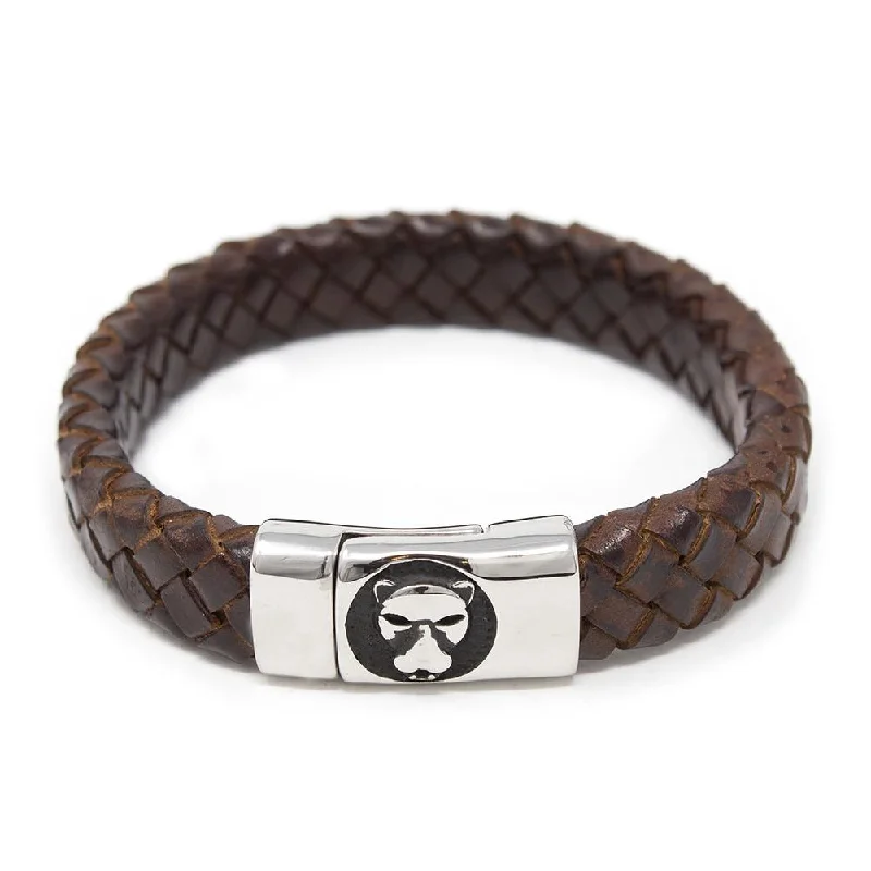 women braided bracelets -Braided Leather Bracelet with Lion Clasp Brown Medium