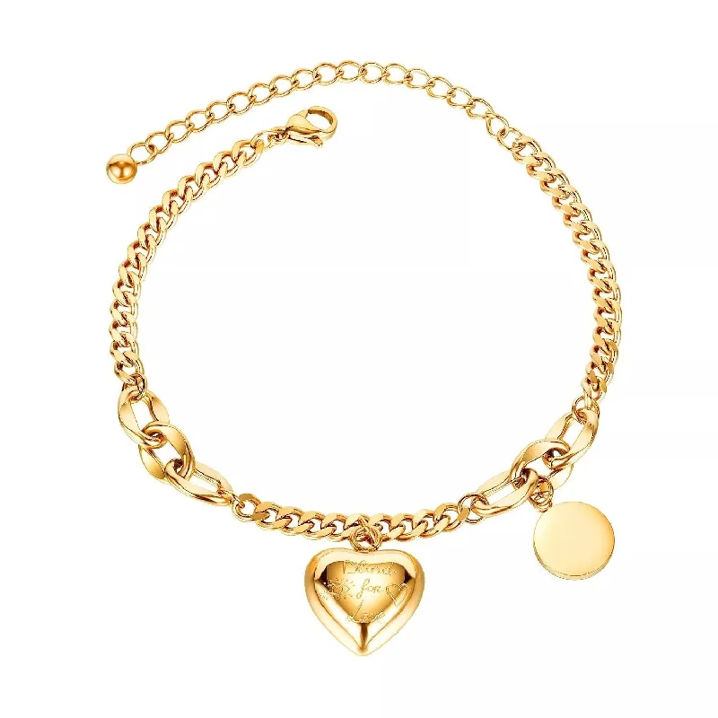 women heart-shaped bracelets -Stainless Steel Bracelet with Heart Charm Gold Plated