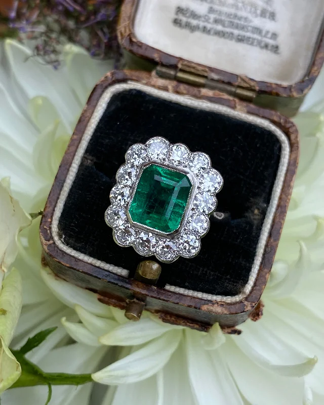 women engagement ring sets -Emerald and Diamond Cluster Platinum Ring 1.50ct + 2.35ct