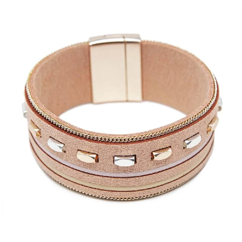 women beaded bracelets -Leather Bracelet With Metal Bars Inlay Pink