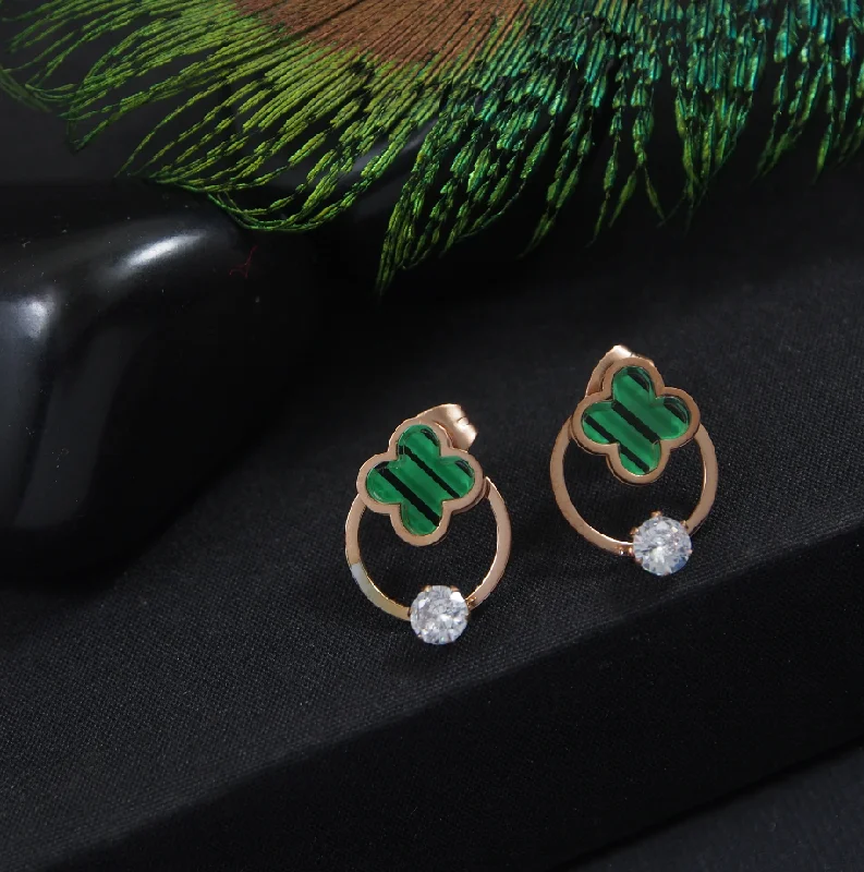 women elegant gold earrings -Tarohi Jewels Stainless Steel Rosegold Plated Green Clover Stud Earring-STNER 2925