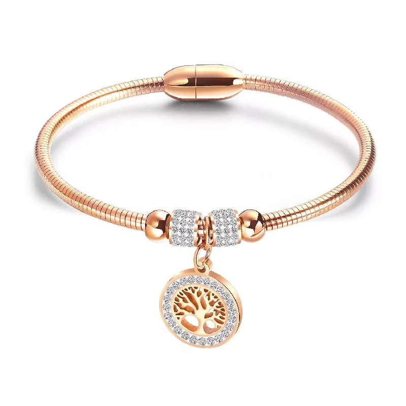 women gold-plated bangles -Stainless Steel CZ Pave Tree Of Life Magnetic Bracelet Rose Gold Plated