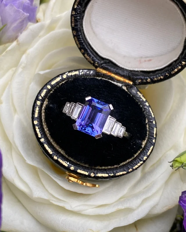 women yellow gold rings -Art Deco Tanzanite and Diamond Ring Platinum 0.30ct + 1.70ct