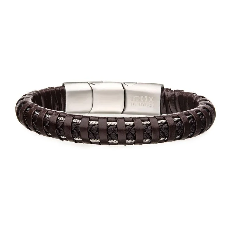 women adjustable bangles -Stainless Steel Brown Leather Bracelet with Cable Braided