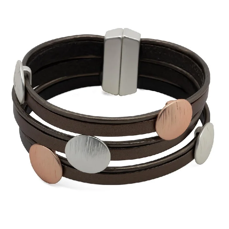 women pearl chain bracelets -Leather Multi Row Bracelet Matte Two Tone Discs Brown Rose