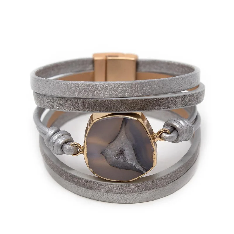 women gold bangles -Five Row Grey Leather Bracelet Geode Silver Grey