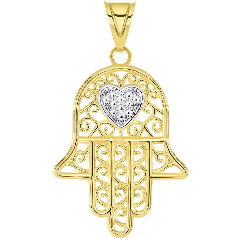 women classic gold necklaces -Solid 14k Yellow Gold Filigree-Style Hamsa Hand with Heart Pendant