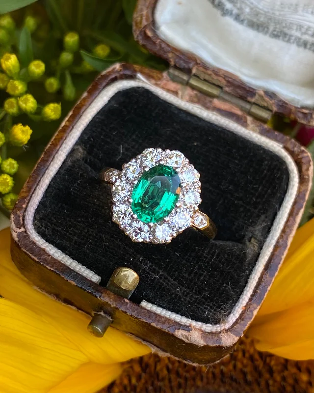 women cocktail rings -Victorian Emerald and Diamond Cluster Ring 18ct Yellow Gold 1.0ct + 1.50ct