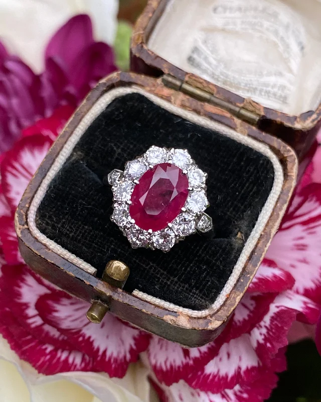 women princess cut rings -Victorian Style Ruby and Diamond Cluster Platinum Ring 1.35ct + 3.90ct