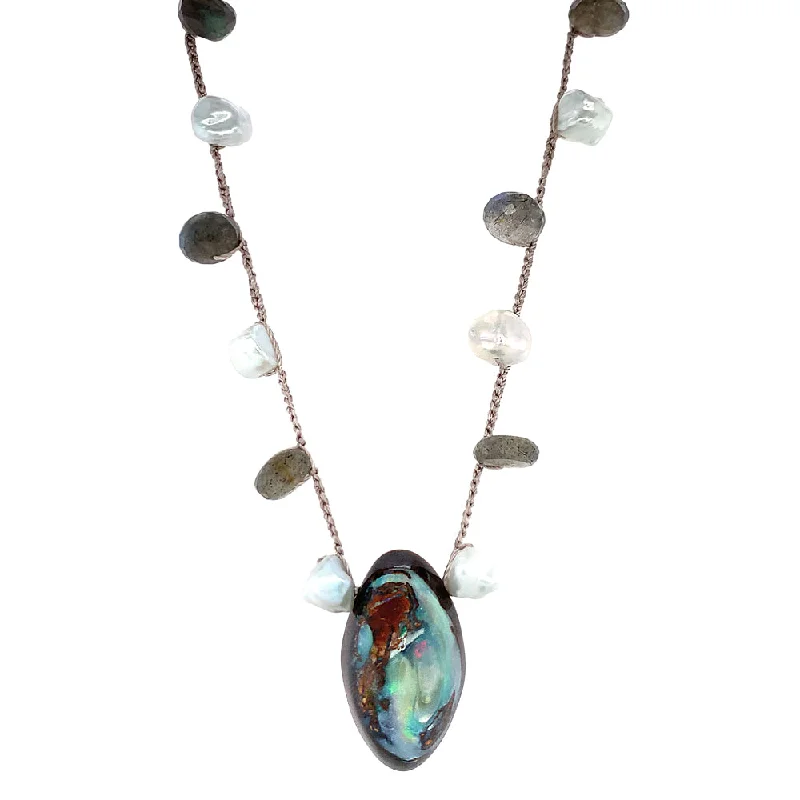 women double chain necklaces -Koroit Opal, Labradorite, & Pearl Necklace - "Sea Cliff"