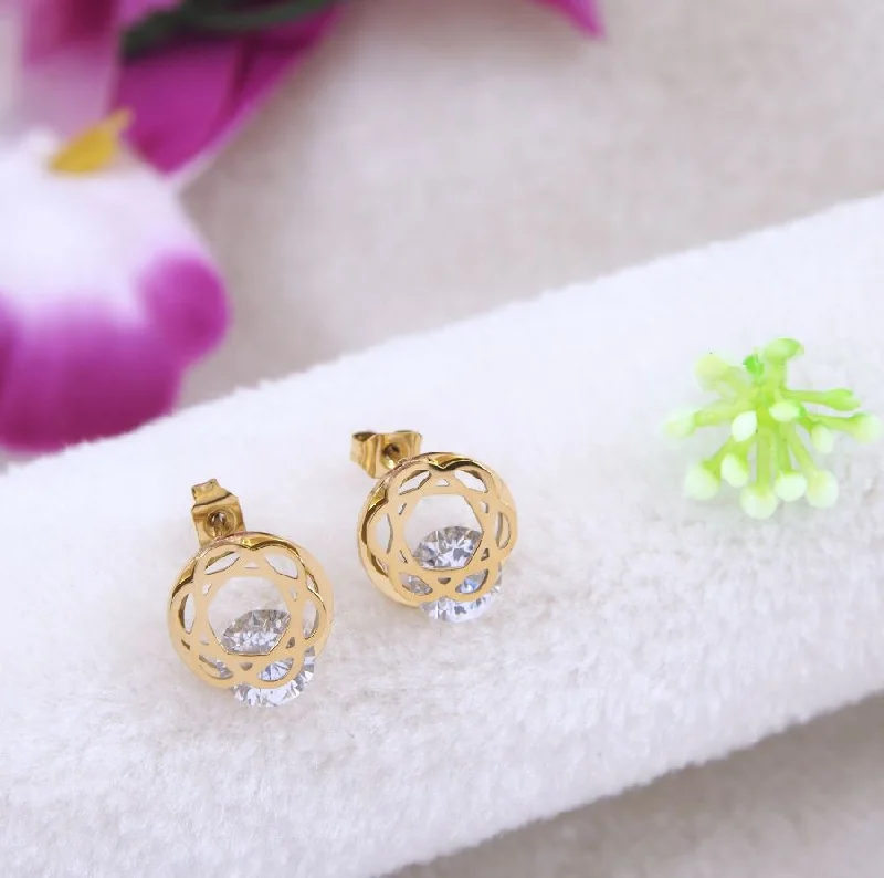 women elegant diamond earrings -Tarohi Jewels Stainless Steel Gold/Rosegold Plated Floral Stud Earring- STNER 4048