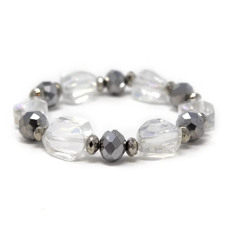 women gold bangles set -Clear Faceted Grey Bead Stretch Bracelet